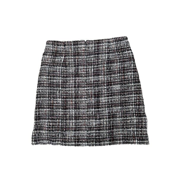 LOFT Women's Plaid Tweed Mini‎ Skirt Size 0 Black White Red Zip Accent Academia - Picture 2 of 7